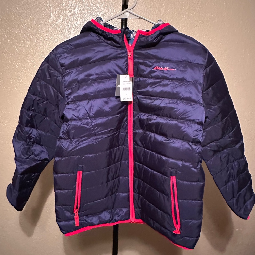 Youth Reversible Navy/Camouflage Puffer Jacket with Pink Trim